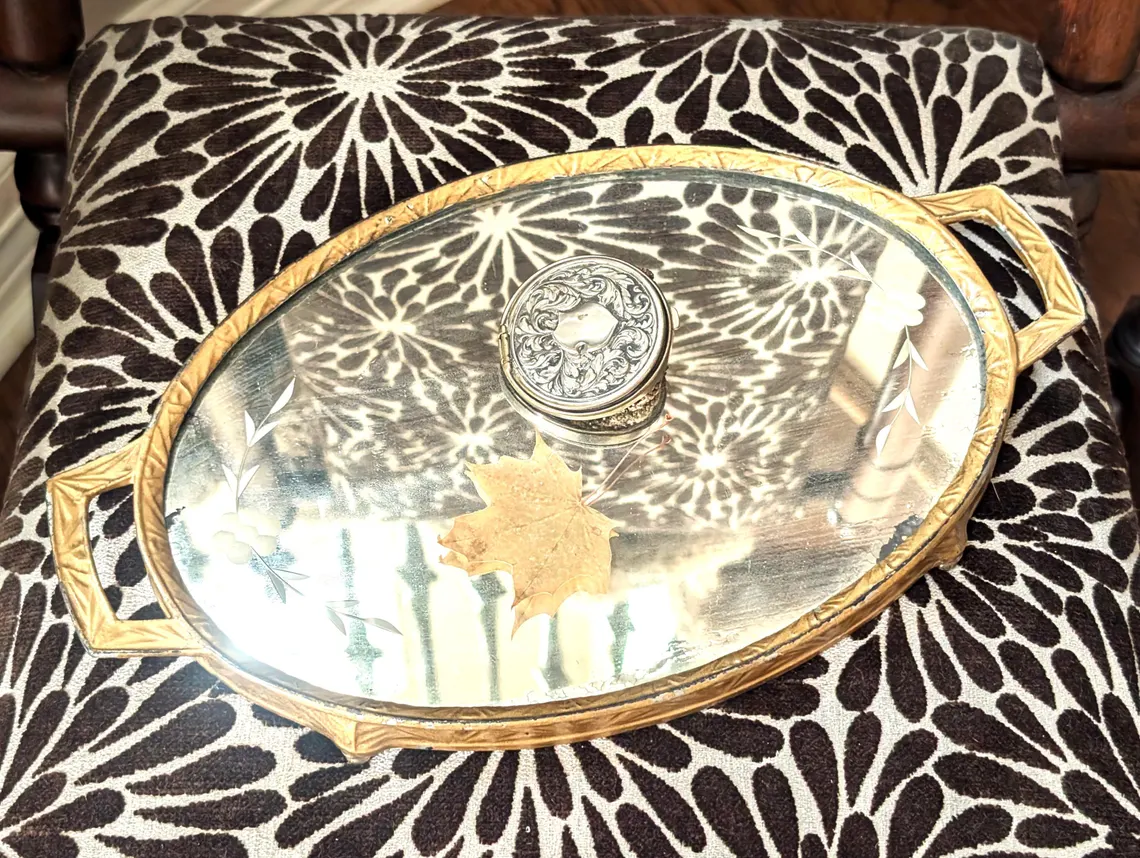 Antique Mirror Vanity Tray Ornate Mirror Victorian Footed Pedestal Gold Bronze Vintage Mirrored Platform Centerpiece Table Bathroom Counter - Image 3