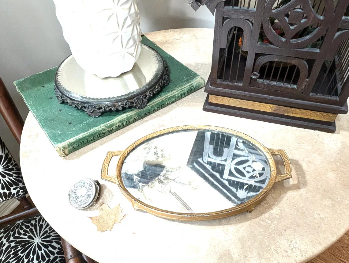 Antique Mirror Vanity Tray Ornate Mirror Victorian Footed Pedestal Gold Bronze Vintage Mirrored Platform Centerpiece Table Bathroom Counter
